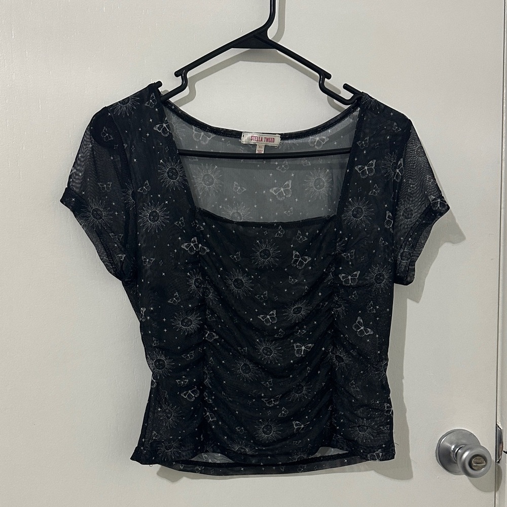 Stella Tweed Black Sheer Ruched Square Neck Crop Top See through